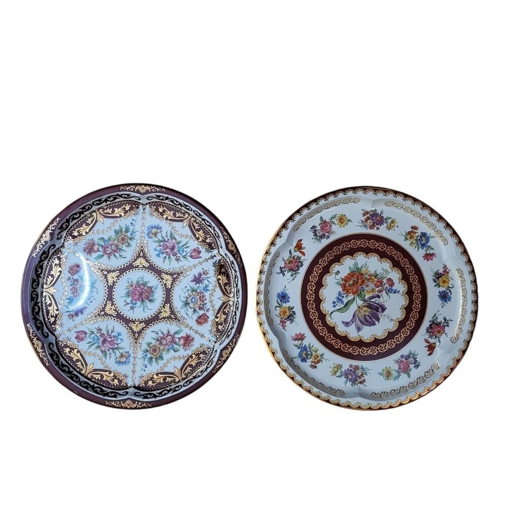 2 Vtg Daher Decorated Ware Round Metal Trays Red Floral 13" Diameter England